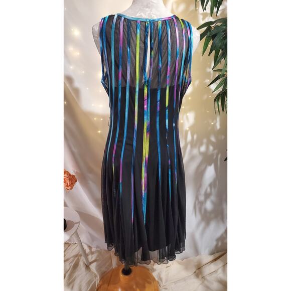 Vtg JS Collections Multi Rainbow Stripe Sheer Overlay 2 Piece Dress Size L Black - Picture 4 of 15